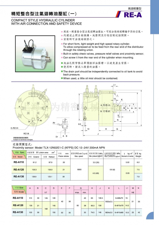 佳賀中實精短整合型注氣回轉油壓缸 RE 